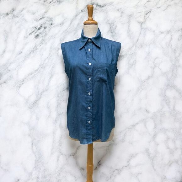 Kal Rieman Top Shirt Sz S Blue Chambray Sleeveless Button Up Western Casual - Picture 1 of 9